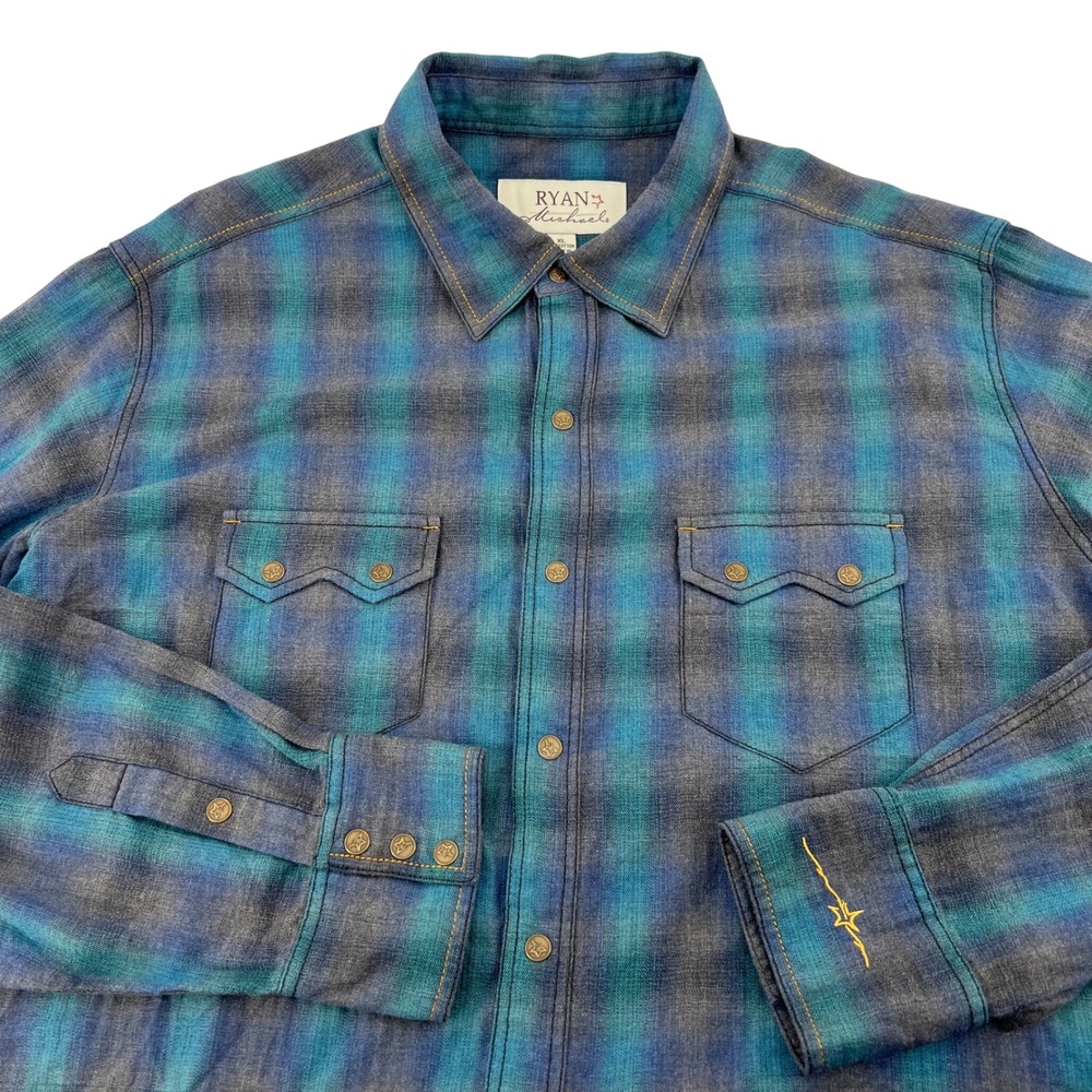Ryan Michael Mens XL Teal Blue Plaid Cotton Herringbone Western Snap Front Shirt